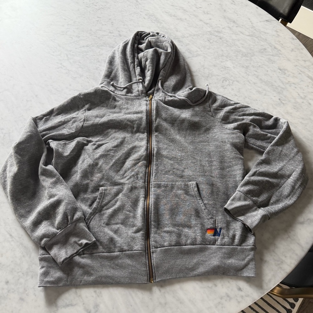 Aviator Nation Gray Zip-Up Hoodie with Small Rainbow Logo